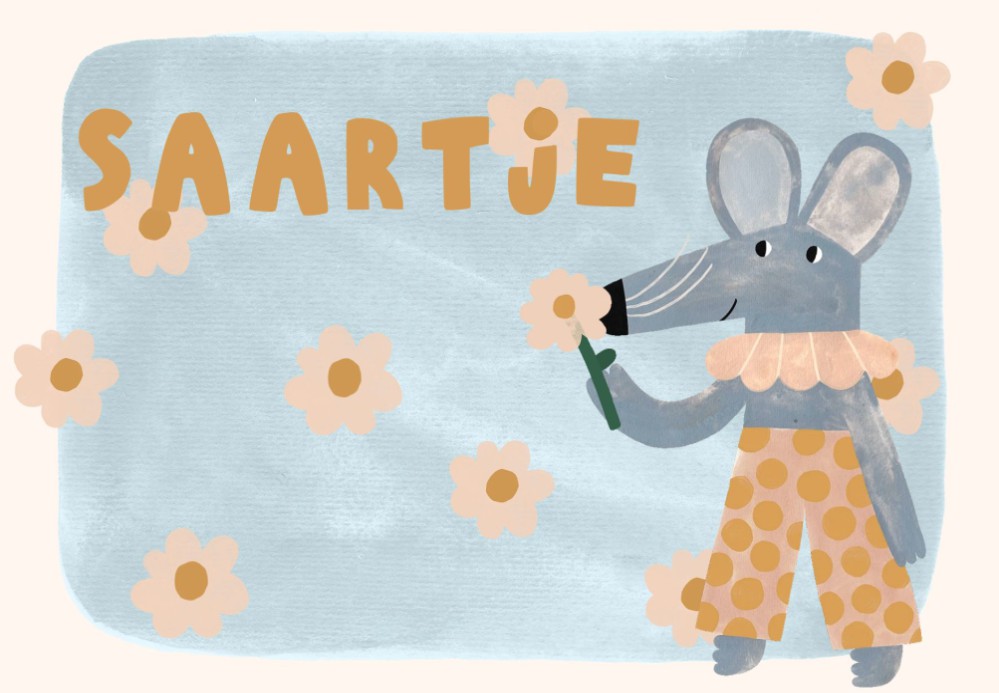 Geboortekaartje meisje bloemen muis - Saartje