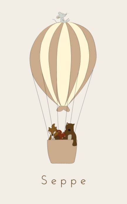 Geboortekaartje neutraal met luchtballon en dieren Seppe