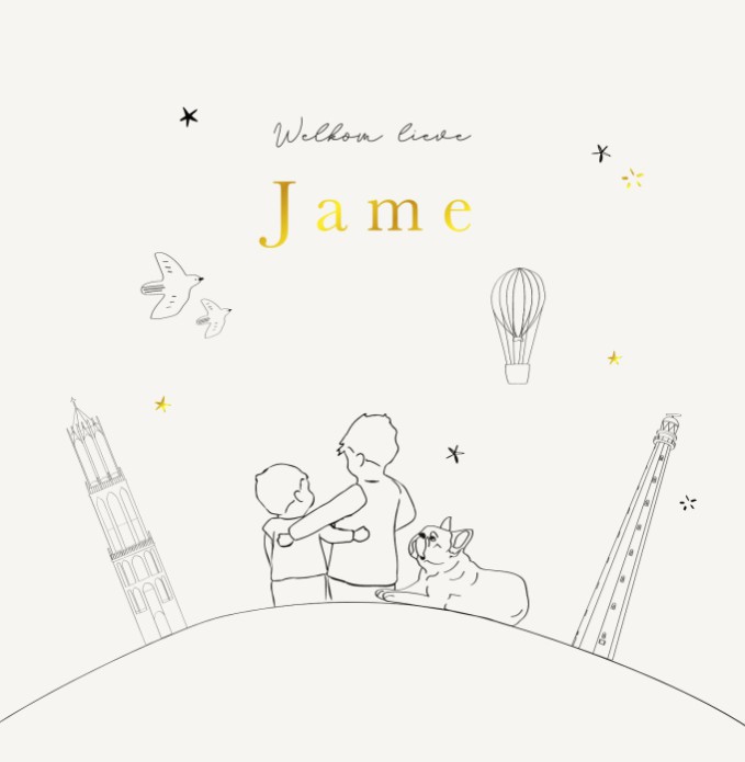 Geboortekaartje neutraal persoonlijke illustratie goudfolie - Jame