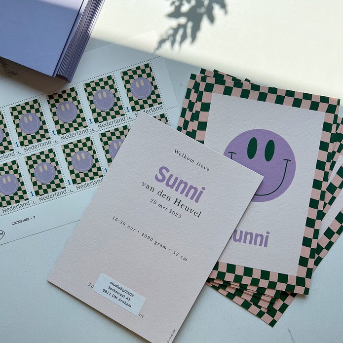 Geboortekaartje jongen met smiley en ruitjes patroon - Sunni